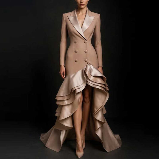 Double-Breasted Tuxedo Ruffle Gown with a dramatic high-low skirt