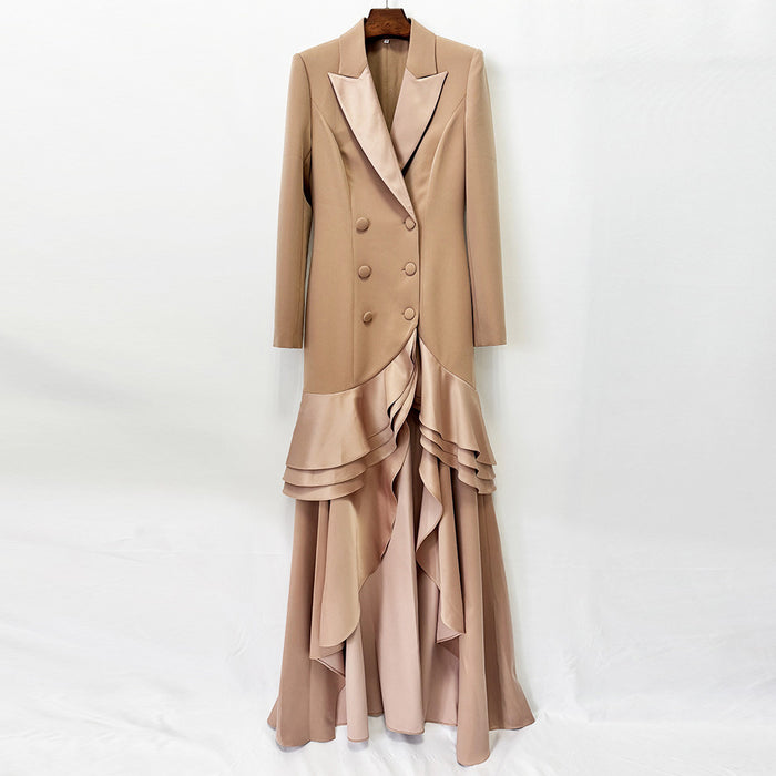Double-Breasted Tuxedo Ruffle Gown with a dramatic high-low skirt