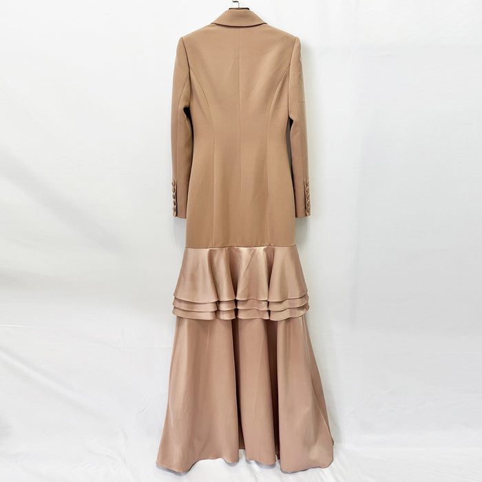 Double-Breasted Tuxedo Ruffle Gown with a dramatic high-low skirt