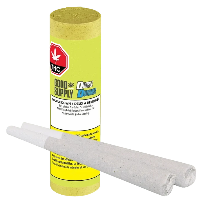 A close-up of the Double Dutchies: Double Down Pre Rolled 2 x 1 g pre-rolls against a black background with prominent branding.