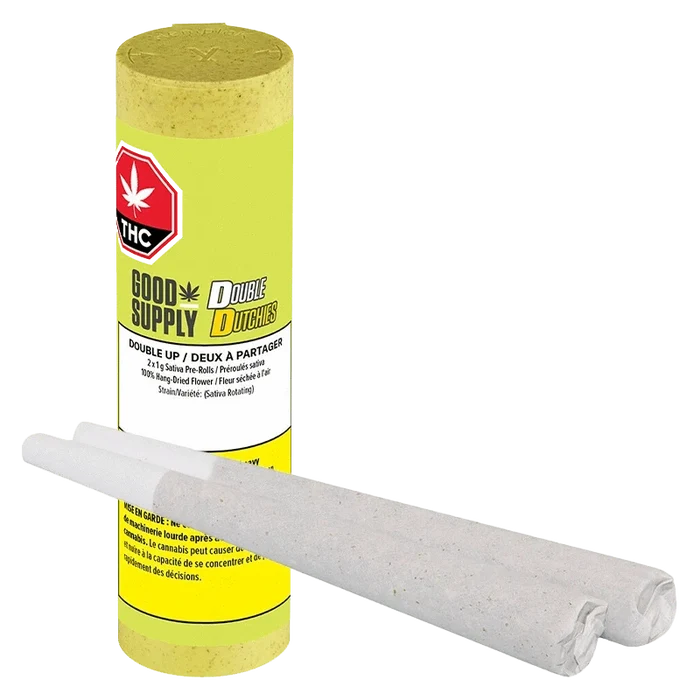 Front view of the "Double Dutchies: Double Up Pre Rolled 2 x 1 g" packaging with a black and gold label against a white background.