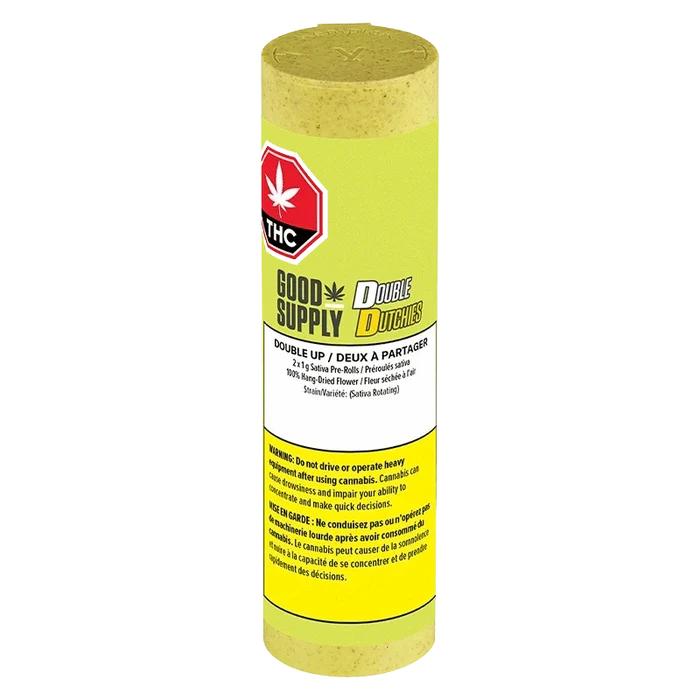 Close-up of the “Double Dutchies: Double Up Pre Rolled 2 x 1 g” packaging, displaying a vibrant, colorful design against a dark background.