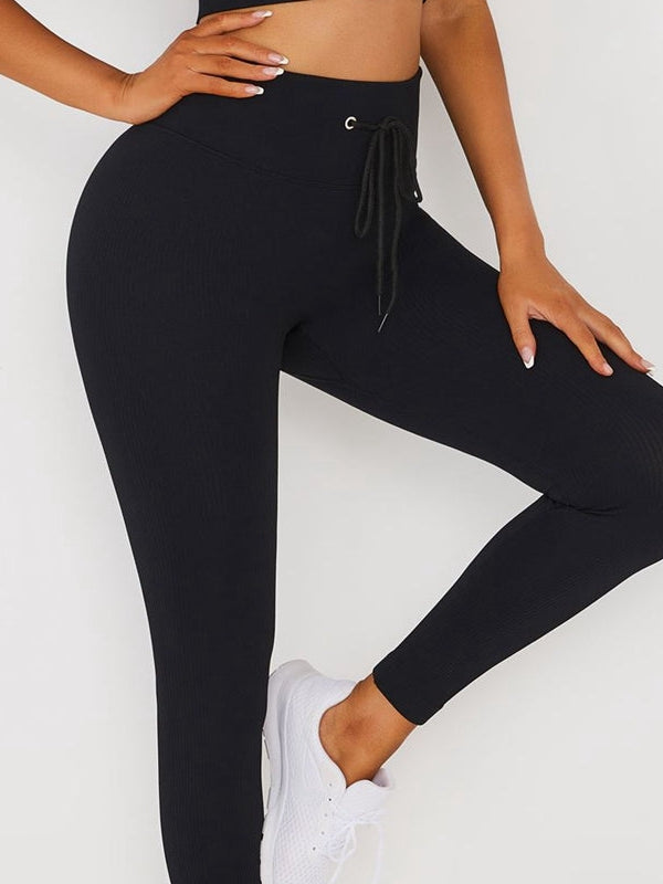 Drawstring Ribbed Fitness Yoga Leggings