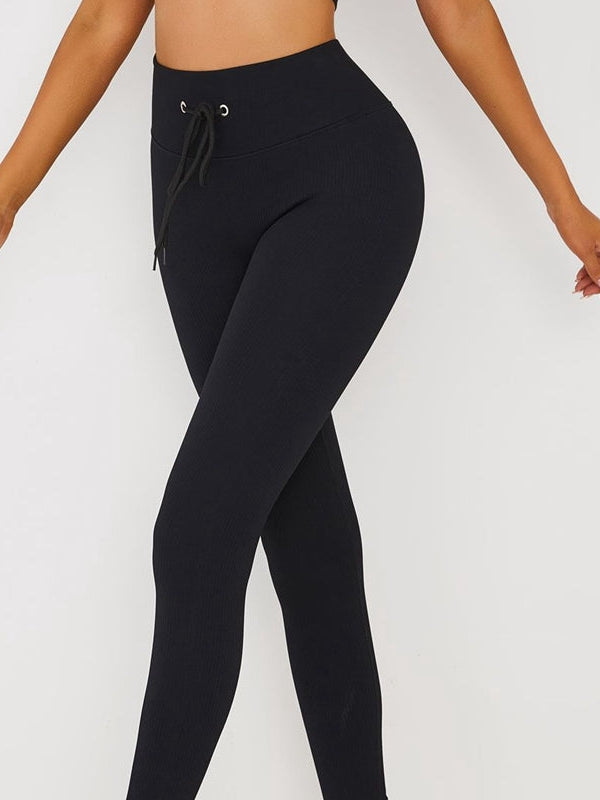 Drawstring Ribbed Fitness Yoga Leggings