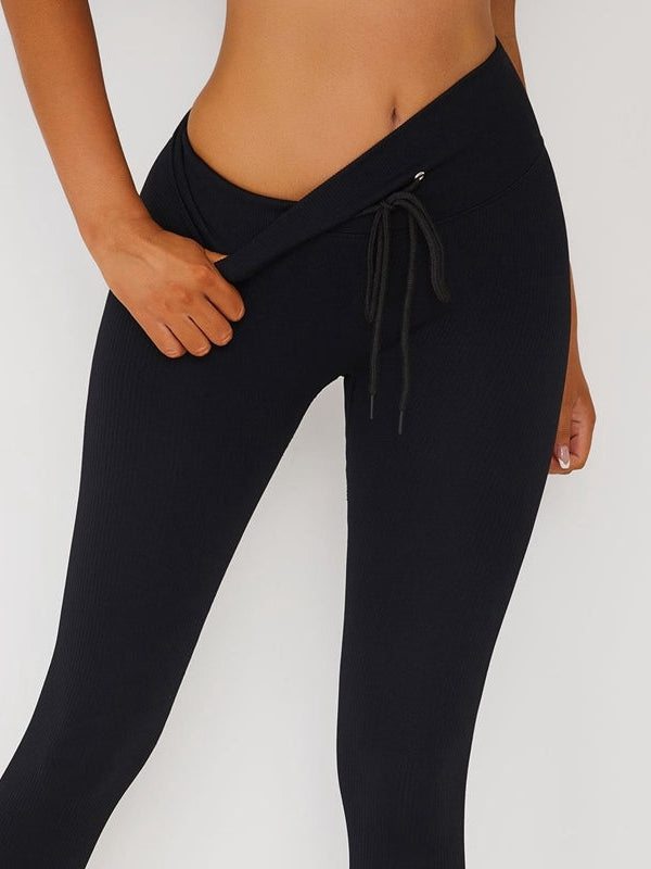 Drawstring Ribbed Fitness Yoga Leggings
