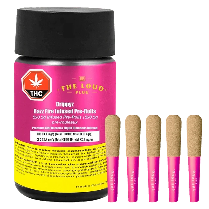 A close-up of the Drippyz Razz Fire Infused Pre Rolled packaging, featuring bold red text on a black background.