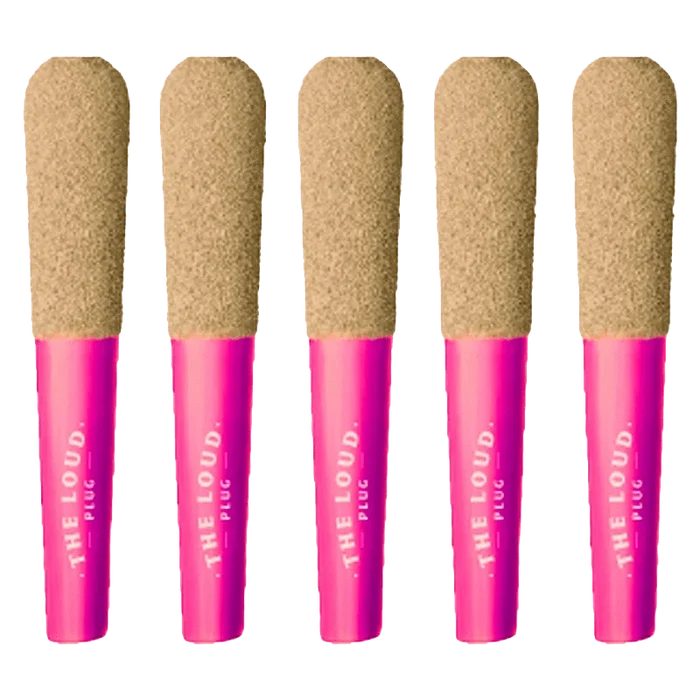 A close-up of five 0.5g Drippyz Razz Fire Infused Pre Rolled packs arranged against a dark background.