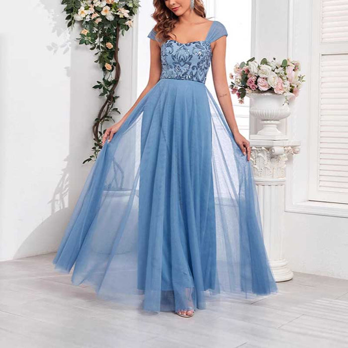 Dusty Blue Tulle Sequin Wedding Guest Dress Square-Neck Long Prom Dress