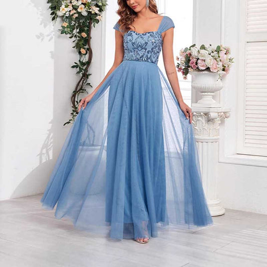 Dusty Blue Tulle Sequin Wedding Guest Dress Square-Neck Long Prom Dress
