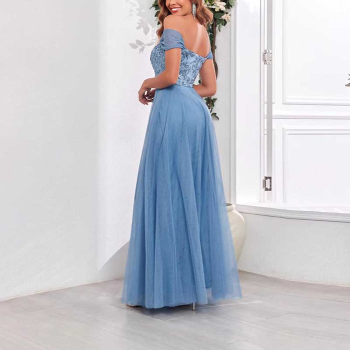 Dusty Blue Tulle Sequin Wedding Guest Dress Square-Neck Long Prom Dress