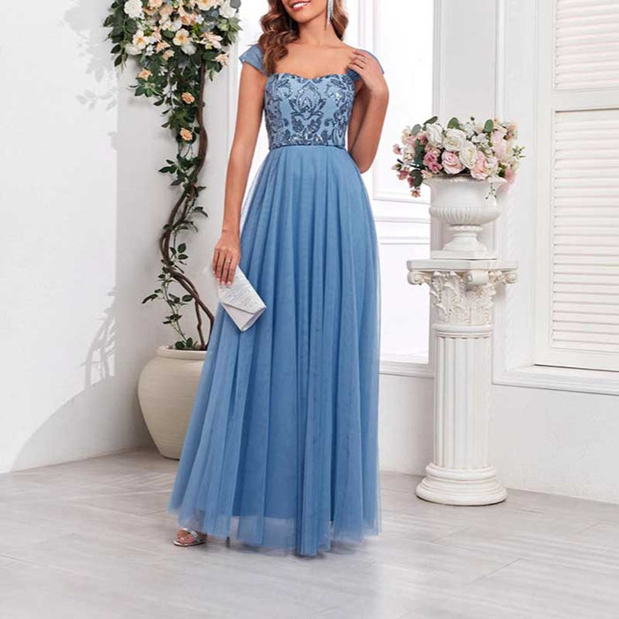 Dusty Blue Tulle Sequin Wedding Guest Dress Square-Neck Long Prom Dress