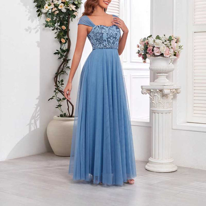 Dusty Blue Tulle Sequin Wedding Guest Dress Square-Neck Long Prom Dress