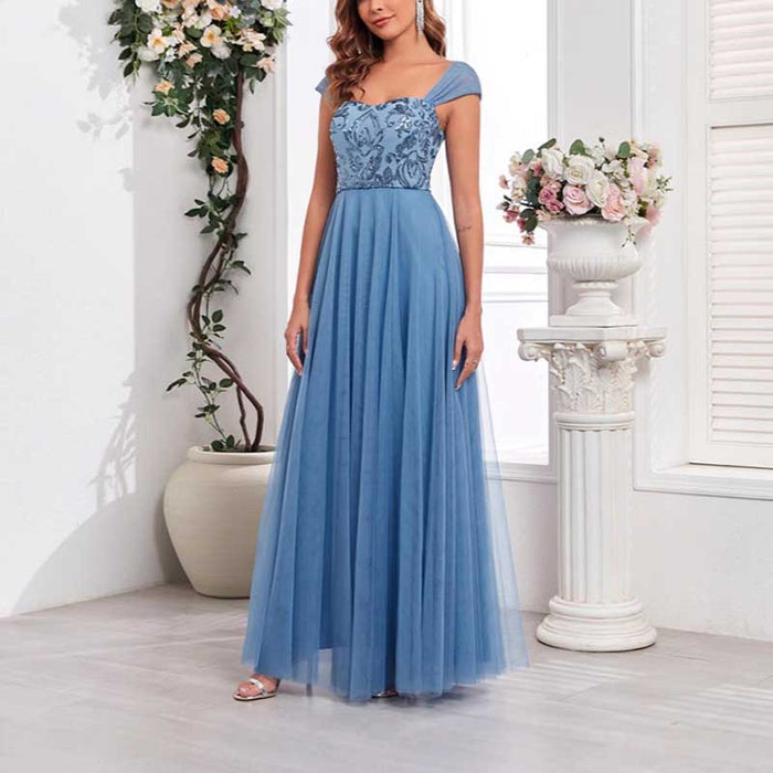 Dusty Blue Tulle Sequin Wedding Guest Dress Square-Neck Long Prom Dress