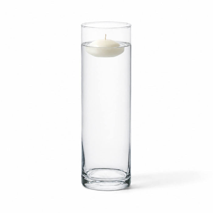 A 4"x13" tall clear cylinder vase with a single floating candle inside