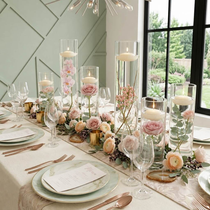 Centerpiece with six floating candles in glass vases, flowers, and greenery on a table