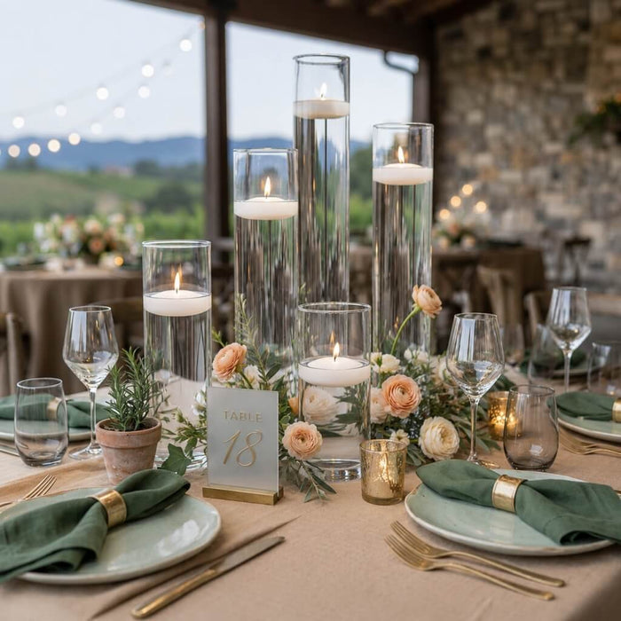 Table centerpiece featuring floating candles in glass vases with floral decor and table number 18