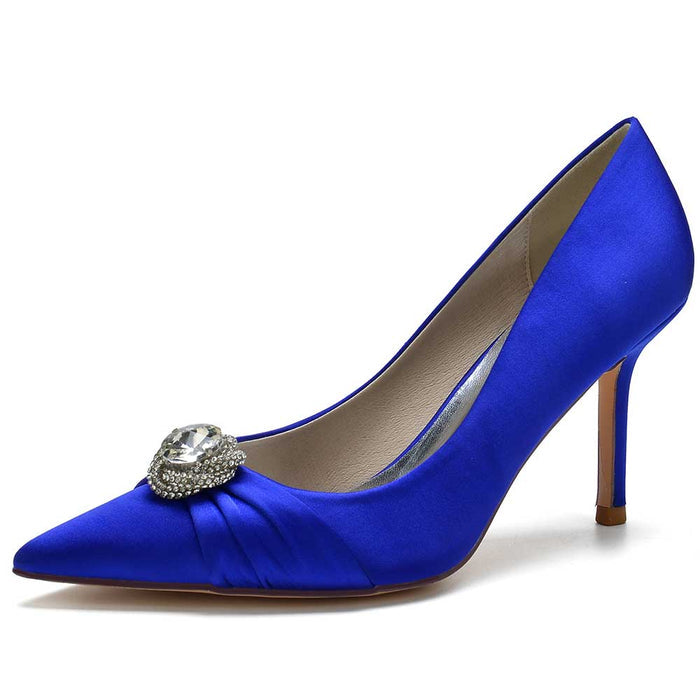 Elegant beaded prom shoes in royal blue with a beautiful rhinestone accent and pointed toe design