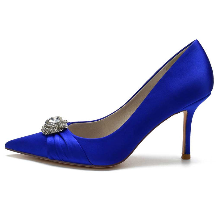 Elegant beaded prom shoes in royal blue satin with a stylish jeweled accent for formal occasions