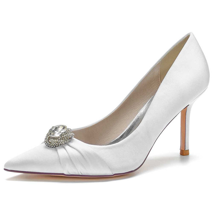 Elegant beaded prom shoes in white satin with a jeweled embellishment and a chic stiletto heel