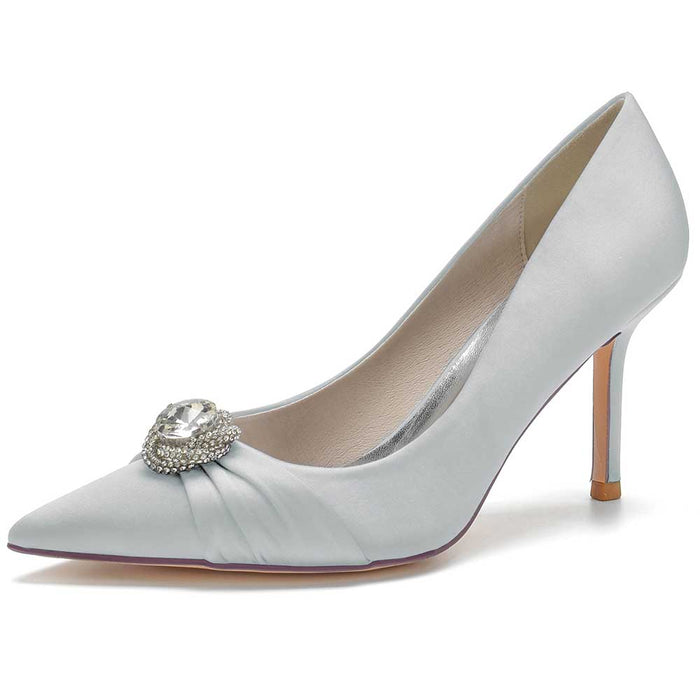 Elegant beaded prom shoes in light gray with a beautiful gem detail on the front and a classic pointed toe