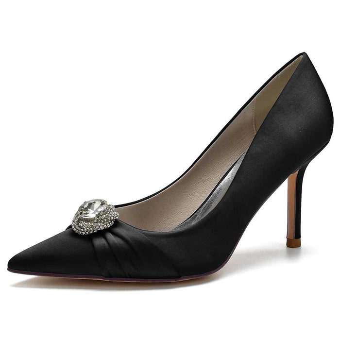 Elegant beaded prom shoes in black satin featuring a sparkling gem accent and a sleek pointed toe design
