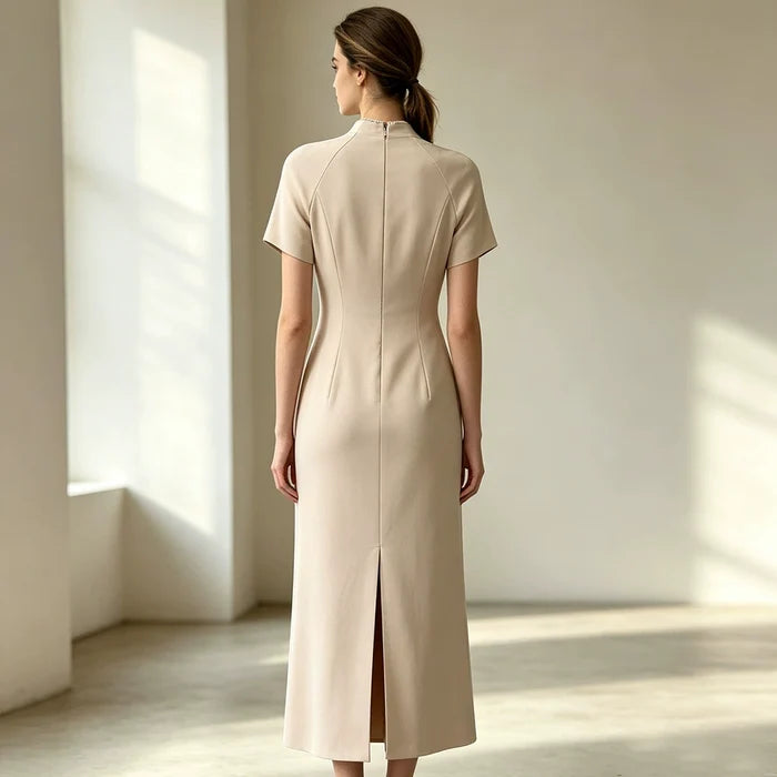 Elegant Beige Embroidered Mandarin Collar Maxi Dress with Beaded Detailing