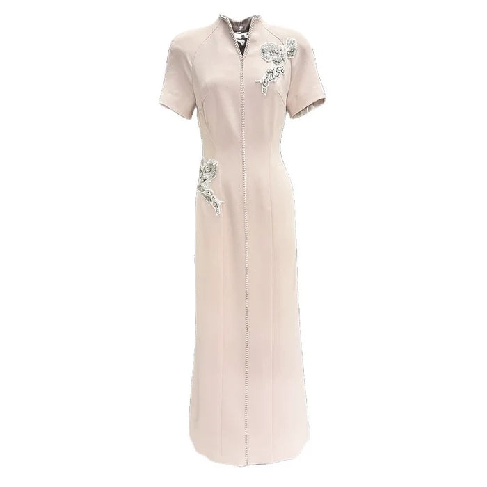 Elegant Beige Embroidered Mandarin Collar Maxi Dress with Beaded Detailing