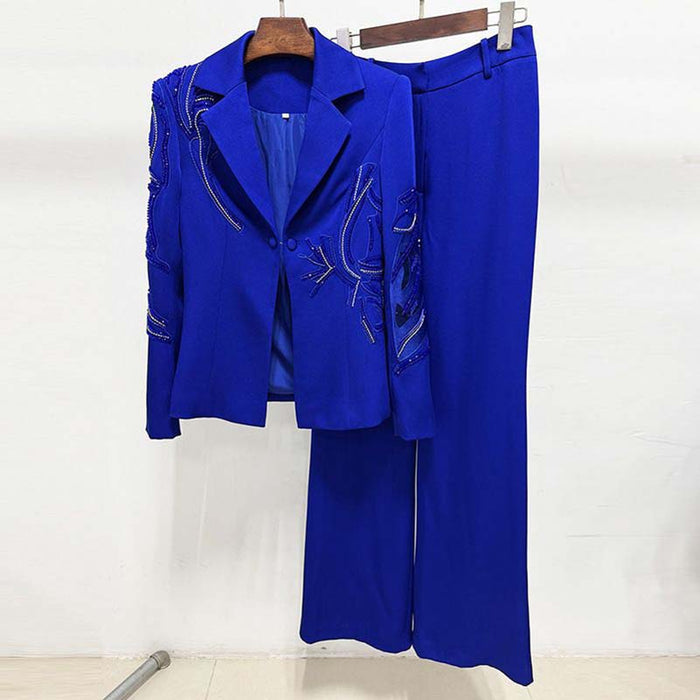 Elegant blue beaded pantsuit for evening wear