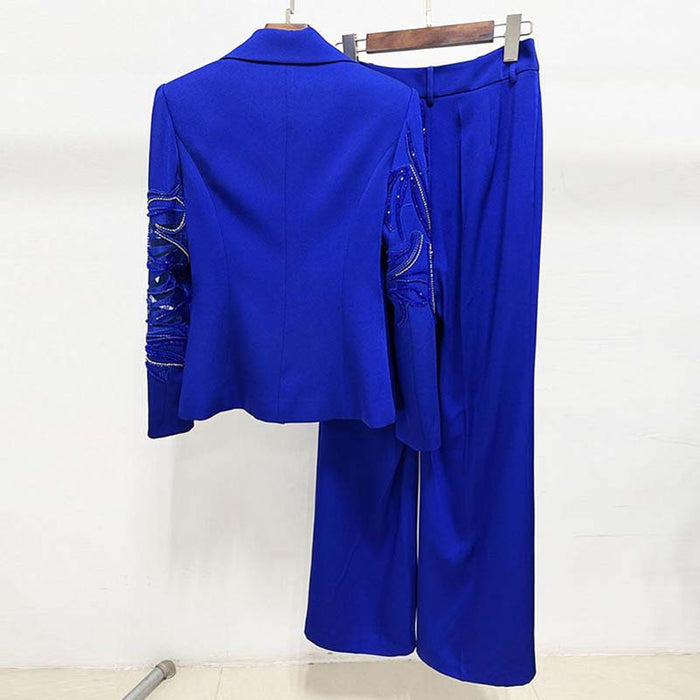 Elegant blue beaded pantsuit for evening wear