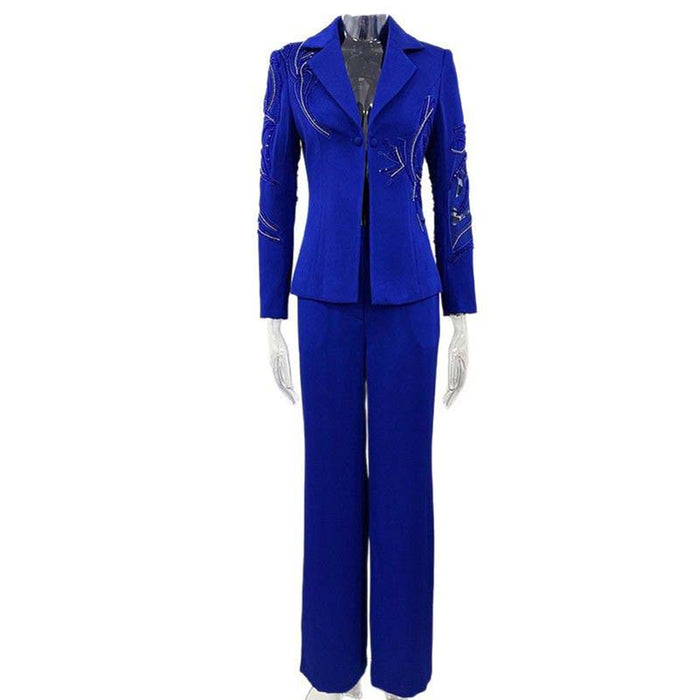Elegant blue beaded pantsuit for evening wear