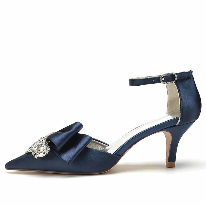 Elegant TC bridal shoes for the bride in navy satin with a bow and decorative embellishment