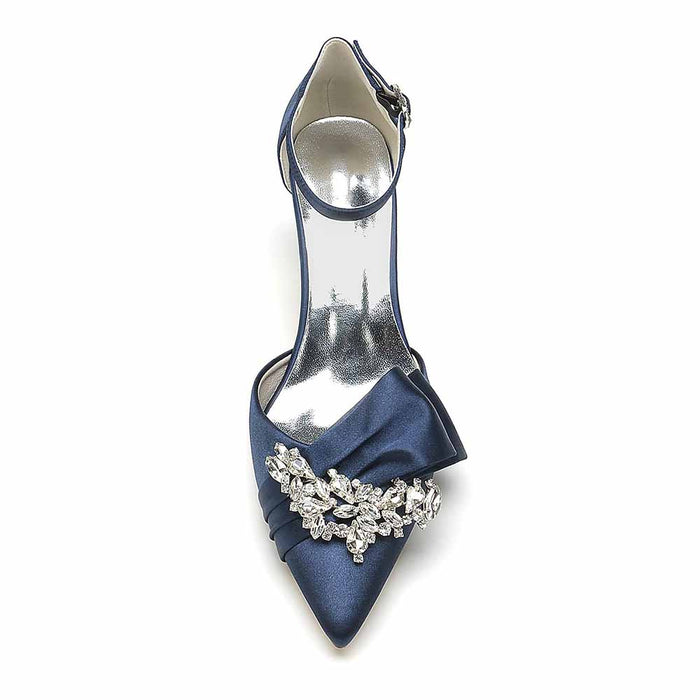 Elegant TC bridal shoes for the bride featuring satin material and jeweled embellishment