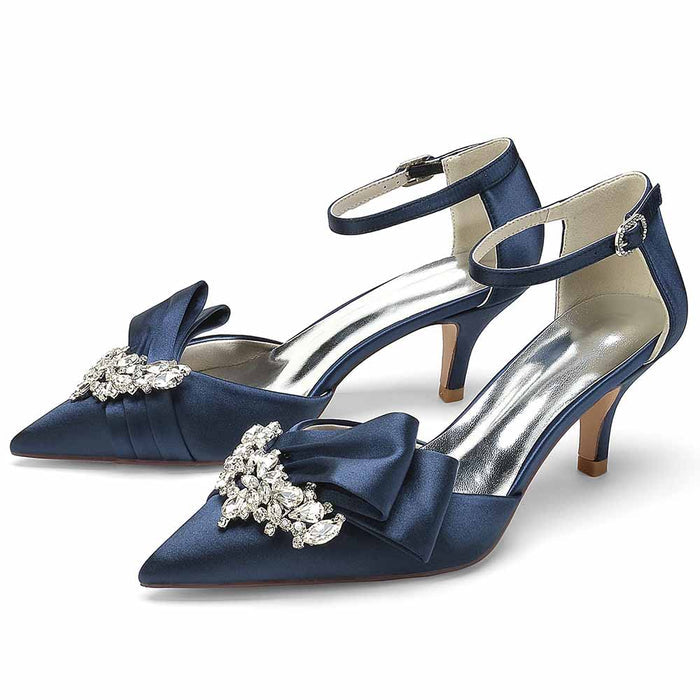 Navy TC bridal shoes for the bride with elegant jewel embellishment and ankle strap design