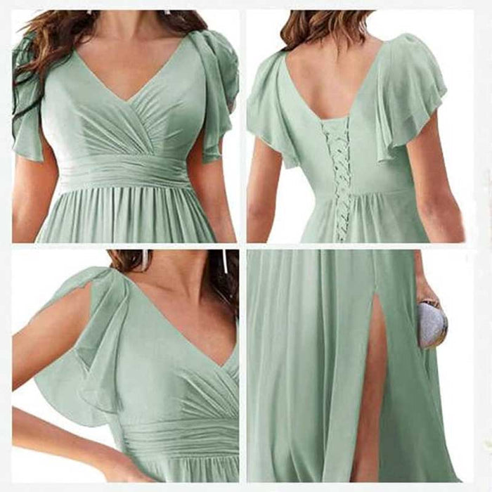 Elegant Custom V-Neck Bridesmaid Dress – Long Chiffon, Side Split, Short Sleeves