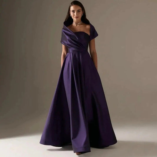 Elegant Eggplant Purple Evening Gown with Draped Off-Shoulder Neckline