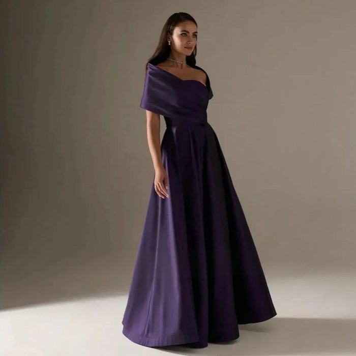 Elegant Eggplant Purple Evening Gown with Draped Off-Shoulder Neckline