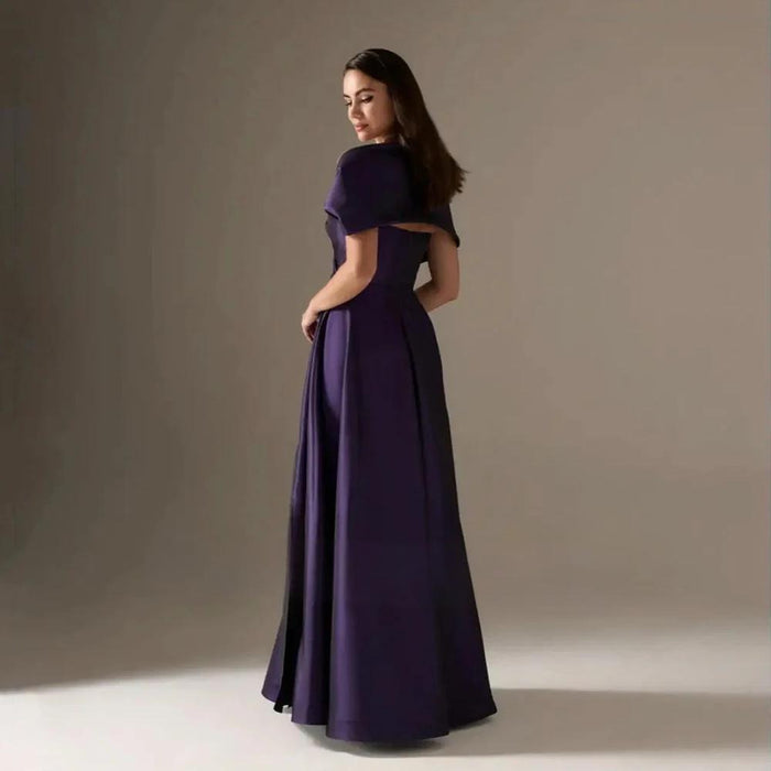 Elegant Eggplant Purple Evening Gown with Draped Off-Shoulder Neckline