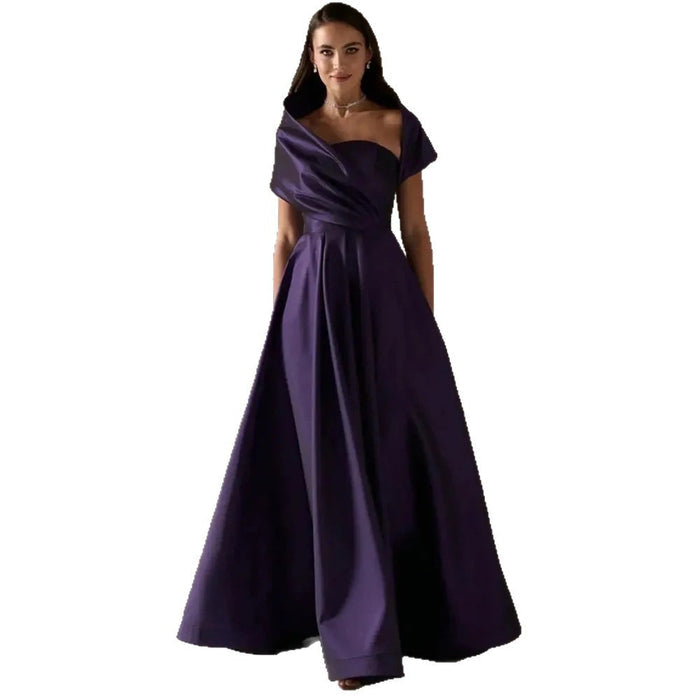 Elegant Eggplant Purple Evening Gown with Draped Off-Shoulder Neckline