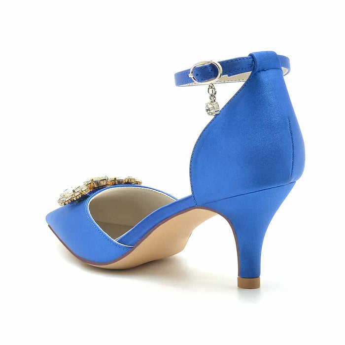 Blue TC wedding shoes with a decorative embellishment and ankle strap, perfect heels for a wedding