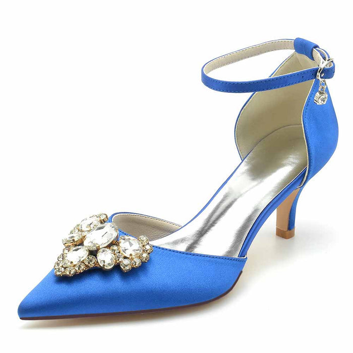 Elegant blue wedding heels for a wedding with a jeweled embellishment and ankle strap
