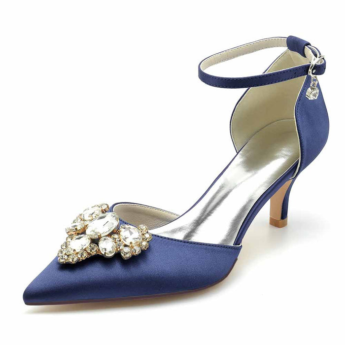 Elegant TC blue heels for a wedding featuring a jeweled pointed toe and ankle strap design