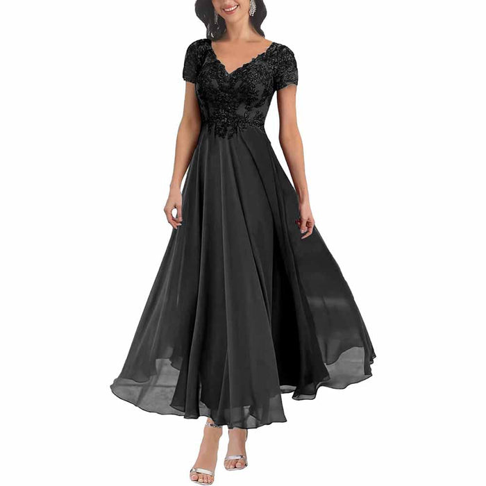 Elegant lace mother of the bride dress with sleeves in black featuring a flowing skirt and intricate detailing