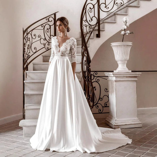 Elegant Lace & Satin Wedding Gown – V-Neck, 3/4 Sleeves, A-Line Bridal Dress