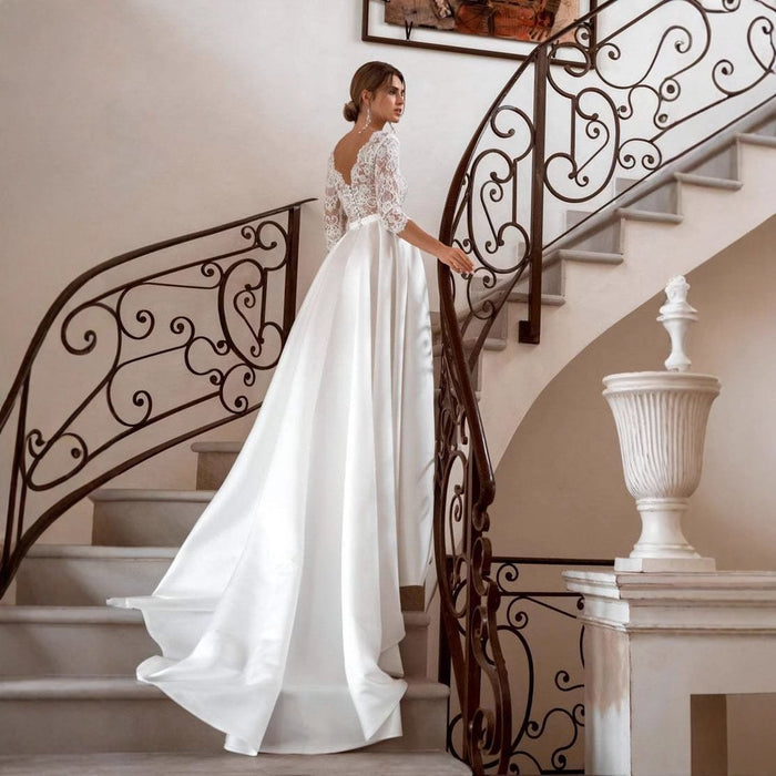Elegant Lace & Satin Wedding Gown – V-Neck, 3/4 Sleeves, A-Line Bridal Dress