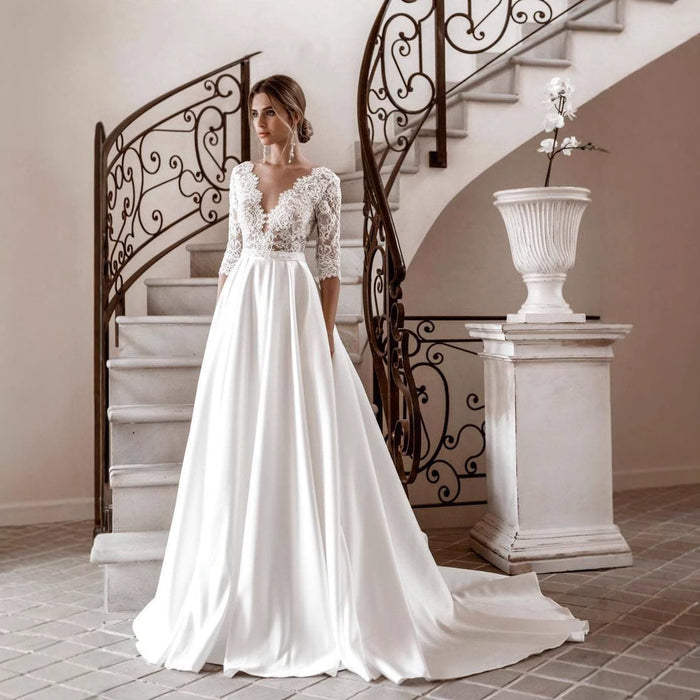 Elegant Lace & Satin Wedding Gown – V-Neck, 3/4 Sleeves, A-Line Bridal Dress