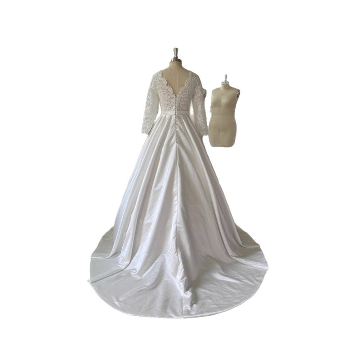 Elegant Lace & Satin Wedding Gown – V-Neck, 3/4 Sleeves, A-Line Bridal Dress