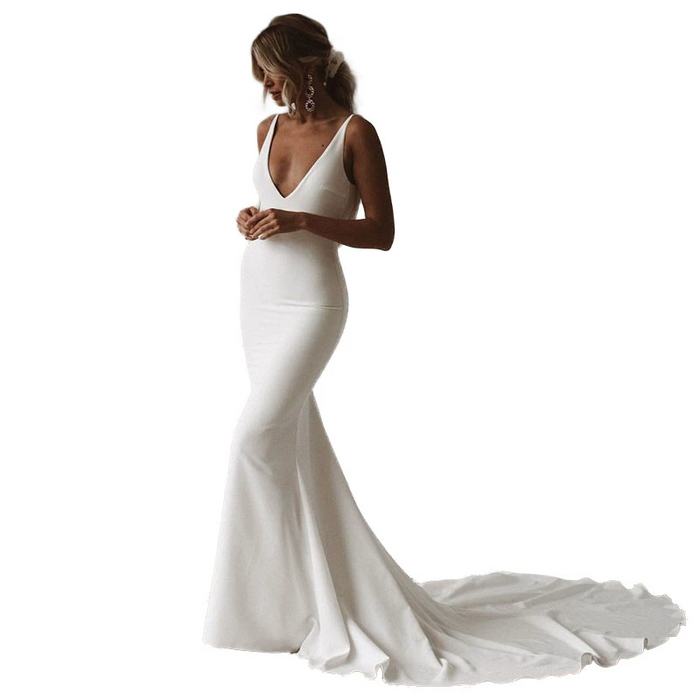 Elegant Mermaid Wedding Dress with V-Neck & Train – Slim Fit Bridal Gown for Brides