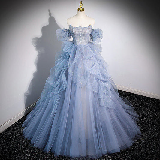 Elegant Off Shoulder Blue Ball Gown Women Formal Evening Wedding Prom Dress