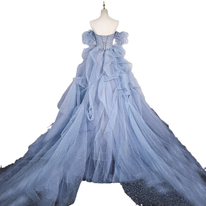 Elegant Off Shoulder Blue Ball Gown Women Formal Evening Wedding Prom Dress