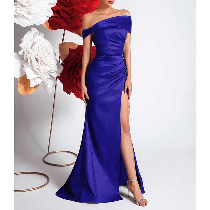 Elegant One Shoulder Satin Mermaid Evening Gown with Slit
